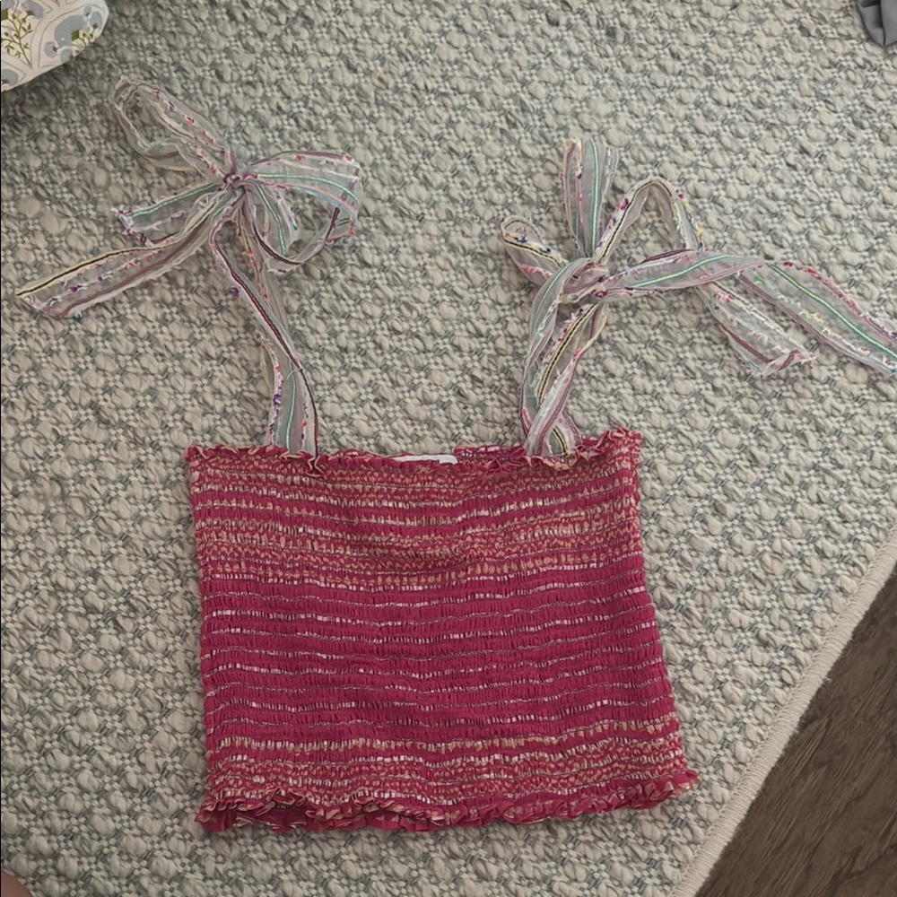 Pink Smocked Crop Top with Ribbon Straps